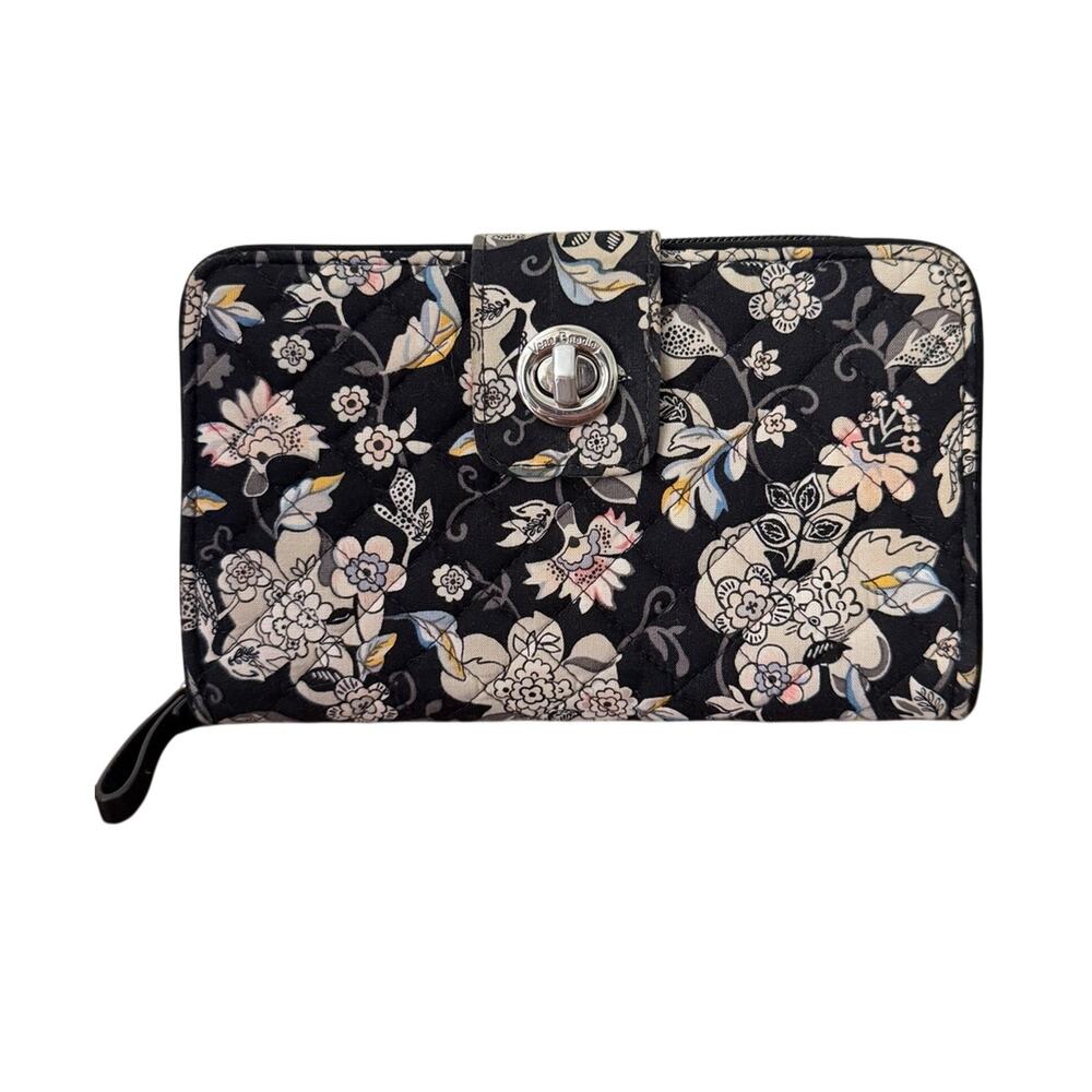Vera Bradley Turnlock Wallet Black w/ Cream Floral Paisley 70s Flower Power